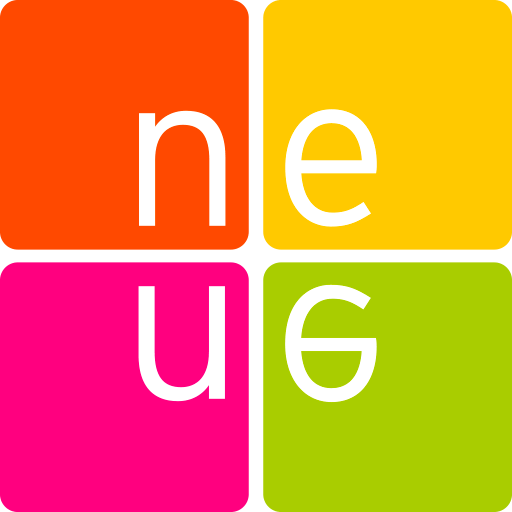 Grafik mit vier farbigen Quadraten: oben links orange mit dem Buchstaben 'n', oben rechts gelb mit 'e', unten links pink mit einem auf dem Kopf stehenden 'u' und unten rechts grün mit einem auf dem Kopf stehenden 'e'. Zusammen ergeben sie das Wort 'neue'.