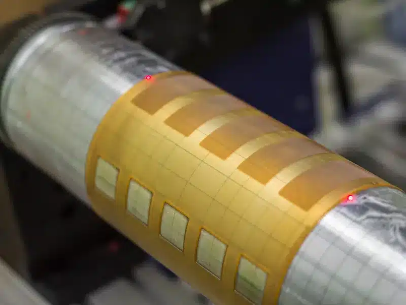 Nahaufnahme einer industriellen Walze mit einer flexiblen, elektronischen Folie, auf der mehrere rechteckige Sensoren und Kontakte sichtbar sind.