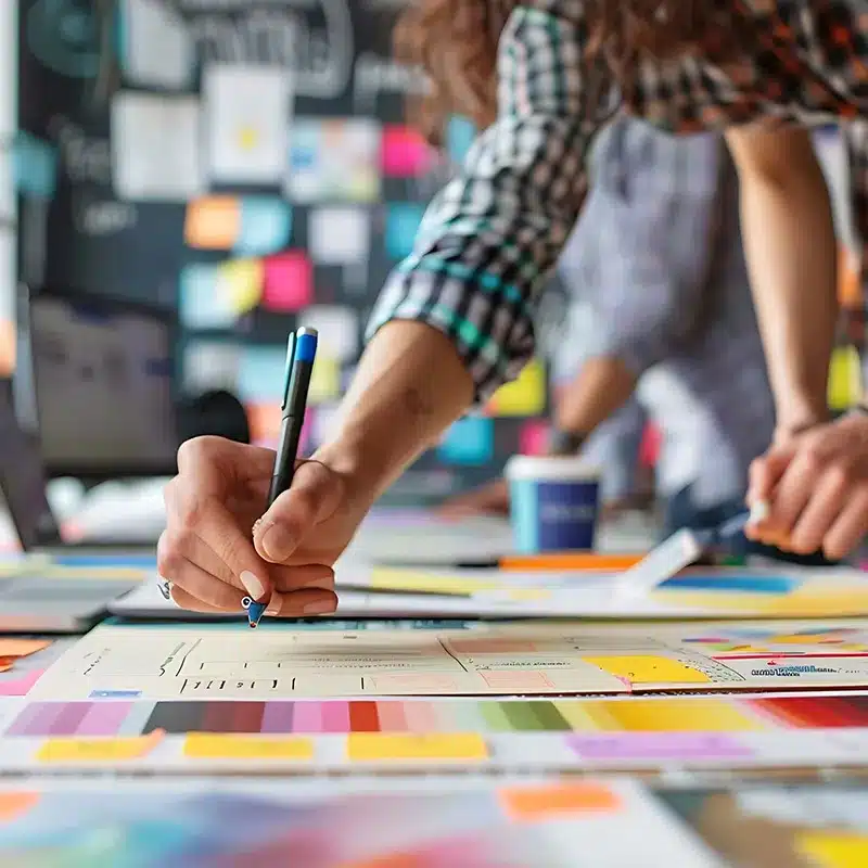 Person in kariertem Hemd arbeitet an einem Tisch voller bunter Notizen, Papier und Planungsunterlagen, im Hintergrund unscharfe Personen und eine Wand mit Post-its.