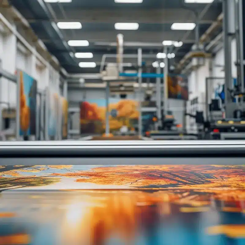 Großformatiger Kunstdruck mit Landschaftsmotiv in einer modernen, gut beleuchteten Druckerei, im Vordergrund scharfer Farbdruck, im Hintergrund Druckmaschinen und weitere Kunstwerke unscharf erkennbar.