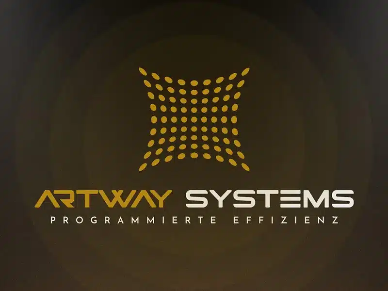 Logo mit dem Firmennamen "ARTWAY SYSTEMS" in goldener und weißer Schrift, darüber ein abstraktes Muster aus goldenen Punkten, darunter der Slogan "PROGRAMMIERTE EFFIZIENZ" auf dunklem Hintergrund.