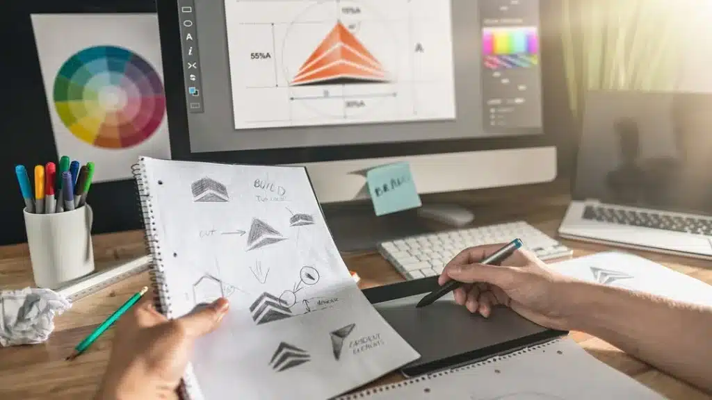 Grafikdesigner arbeitet an einem Schreibtisch mit Skizzenblock, Grafiktablett und einem Computer, auf dem ein Logo mit geometrischer Form digitalisiert wird; daneben sind Farbmuster und Stifte zu sehen.