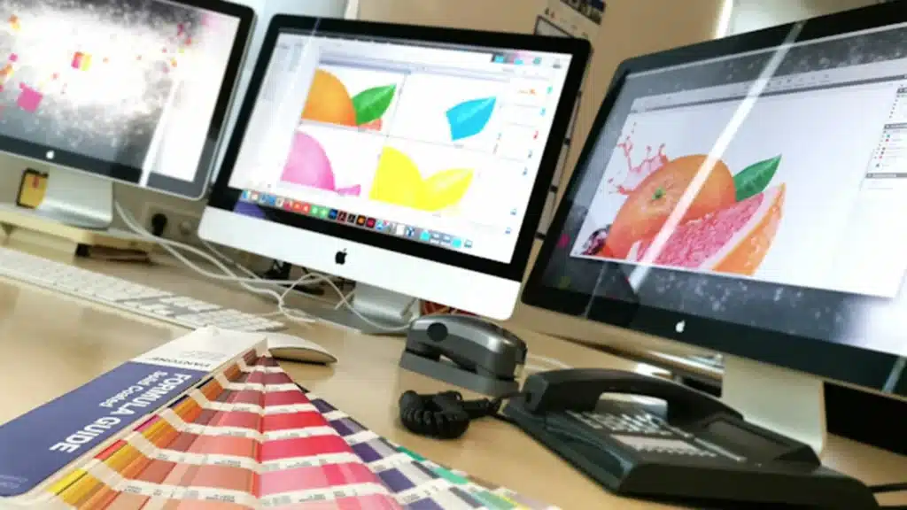 Arbeitsplatz mit drei iMac-Monitoren, auf denen bunte Grafikdesigns angezeigt werden, einem Pantone-Farbfächer und einem Telefon auf einem Schreibtisch.