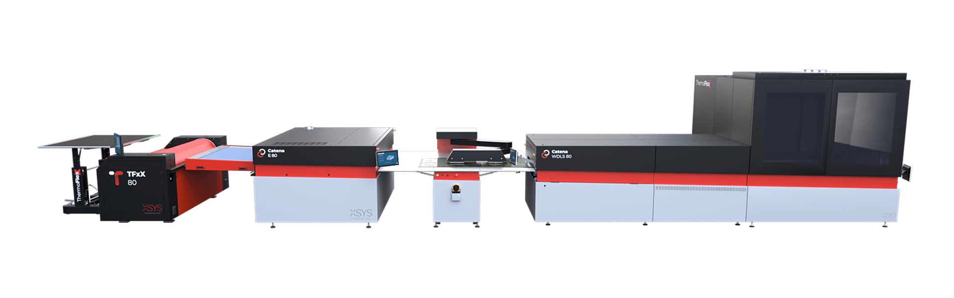 Große industrielle Belichtungs- und Entwicklungsanlage mit mehreren Modulen, darunter der ThermoFlexX TFxX 80, Catena E 80 und Catena WDLS 80, in schwarz-rotem Design.